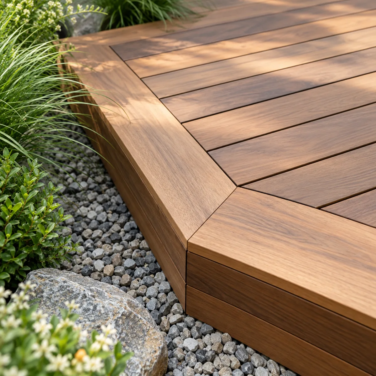 Corner of a finished deck where the boards meet a border board, with no visible screws