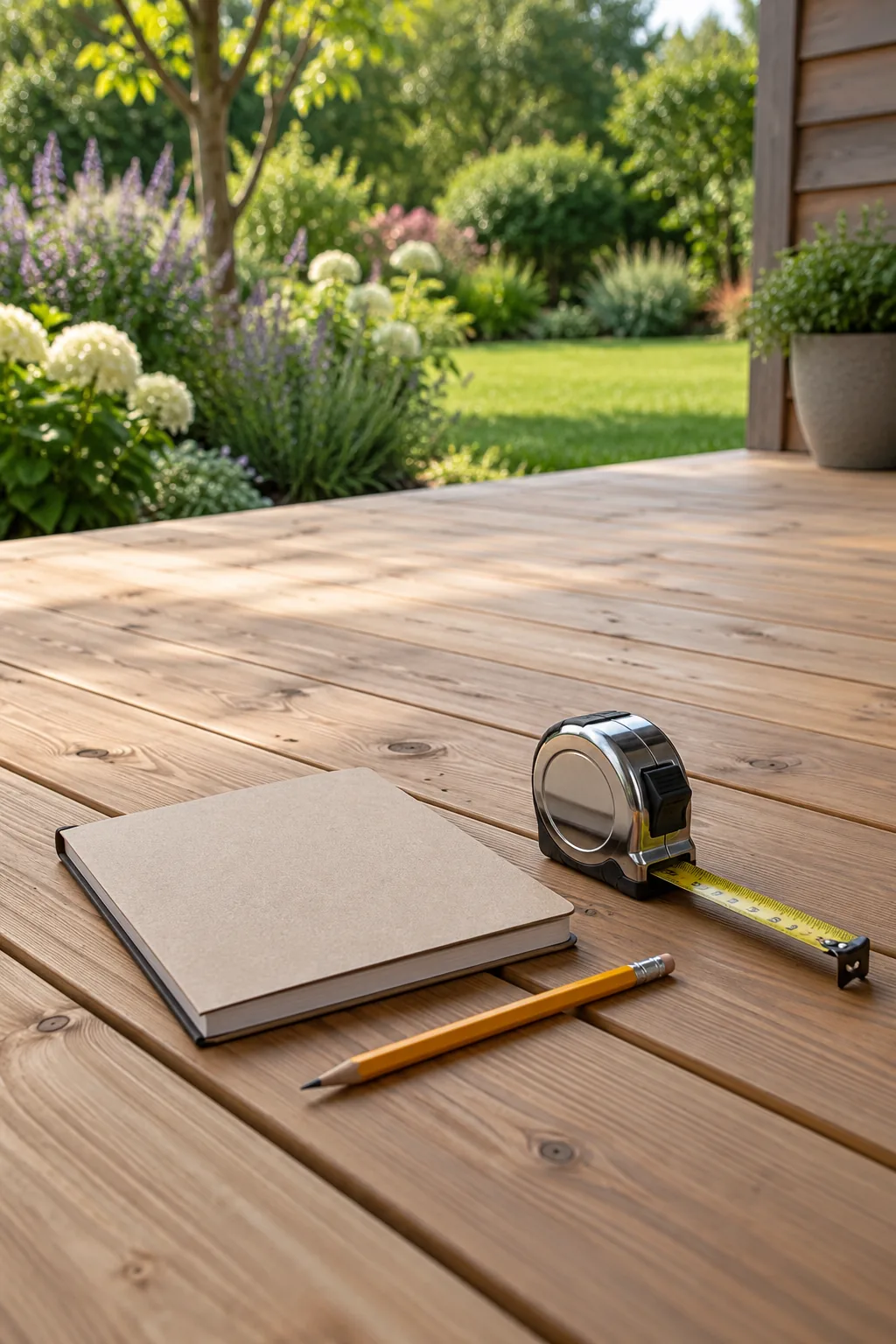 Notebook, pencil and tape measure resting on new deck boards