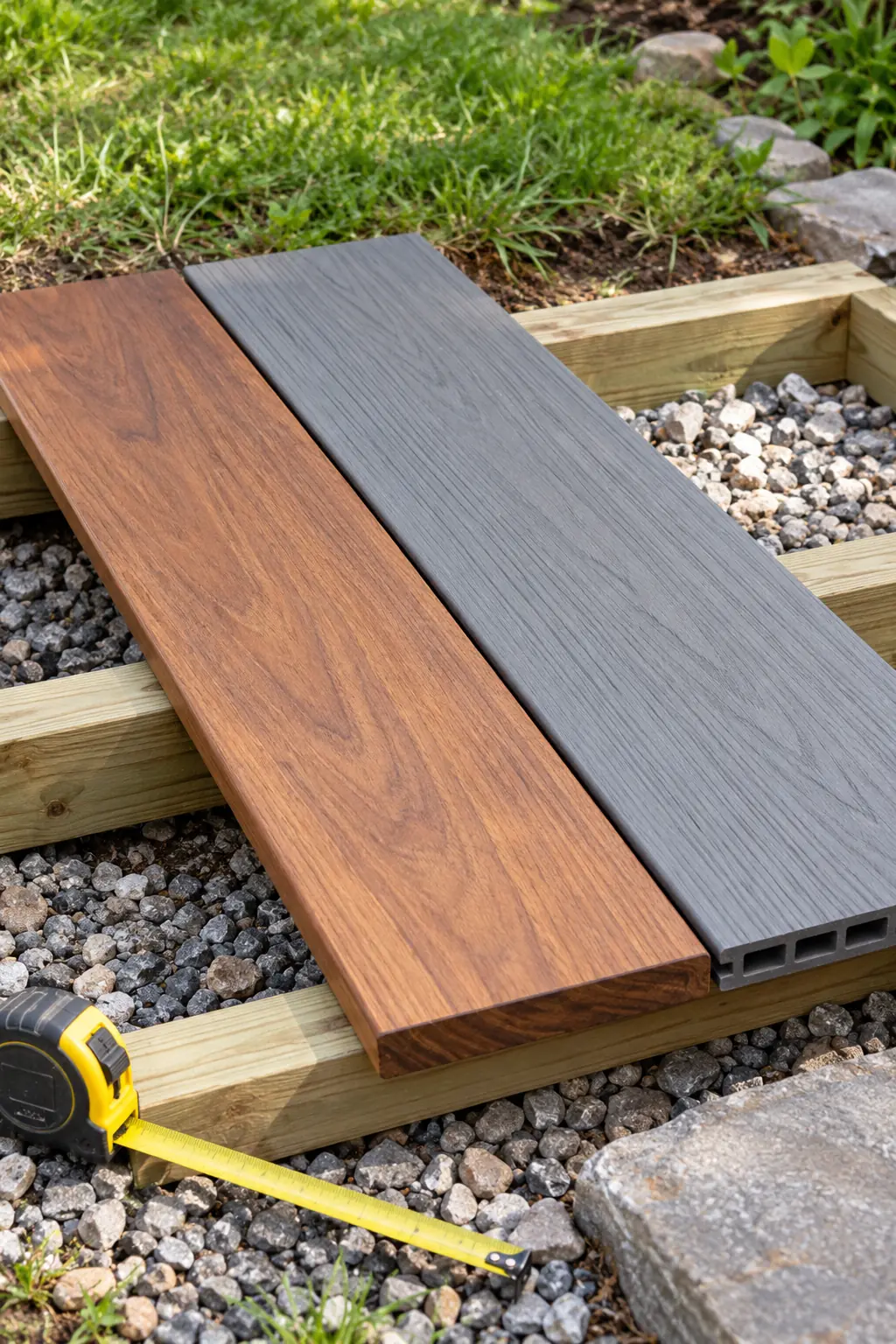 A hardwood and a composite deck board laid side by side across two joists
