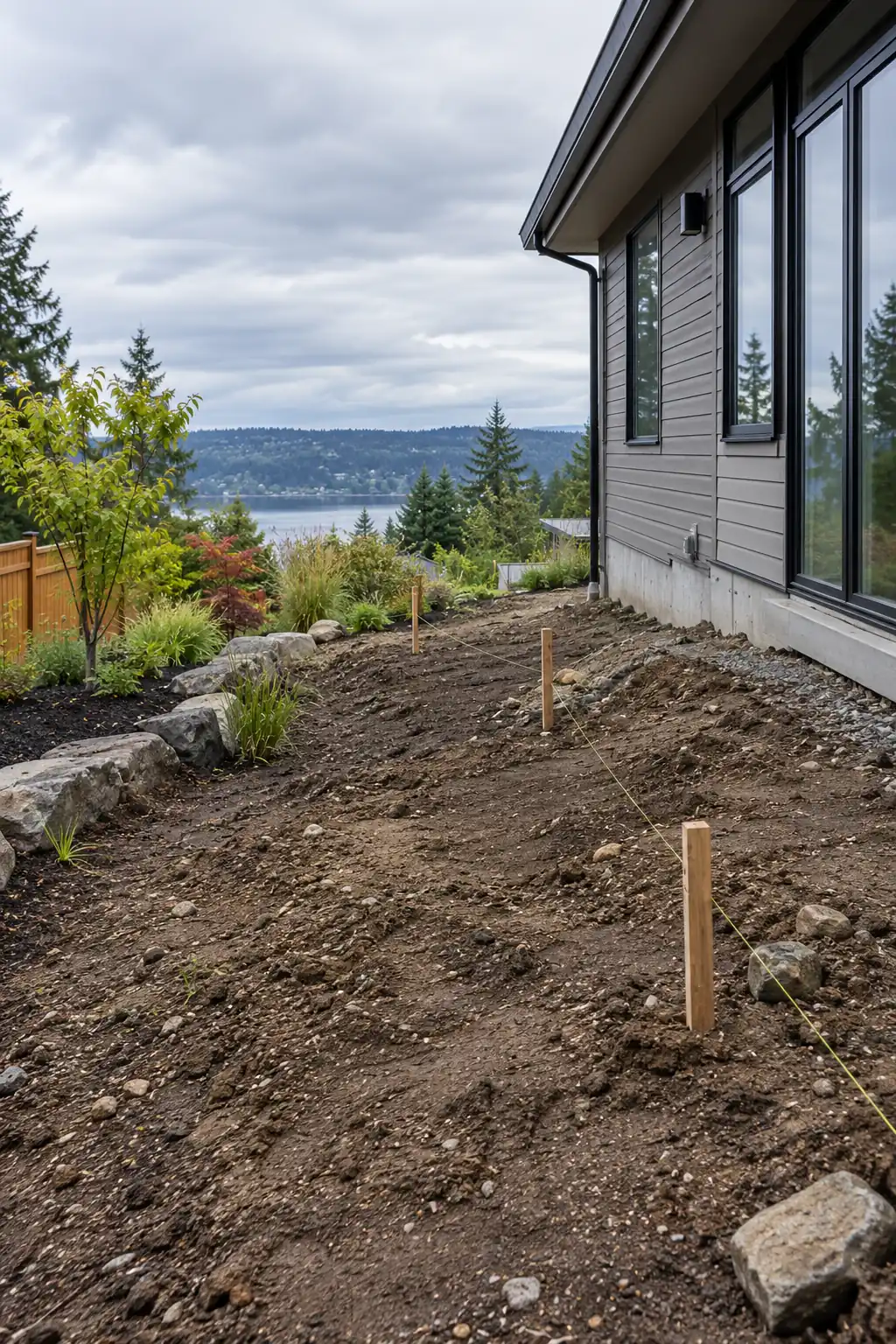 Sloping backyard beside a house with marking stakes and a string line, before any deck is built