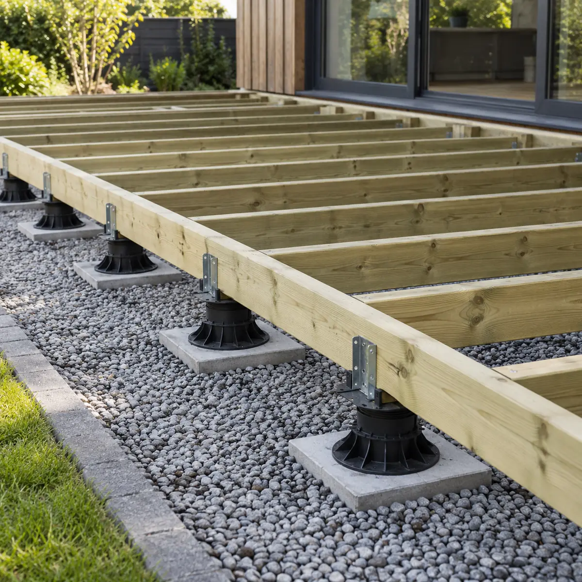 Timber joists on adjustable support pads over gravel, before the boards are laid